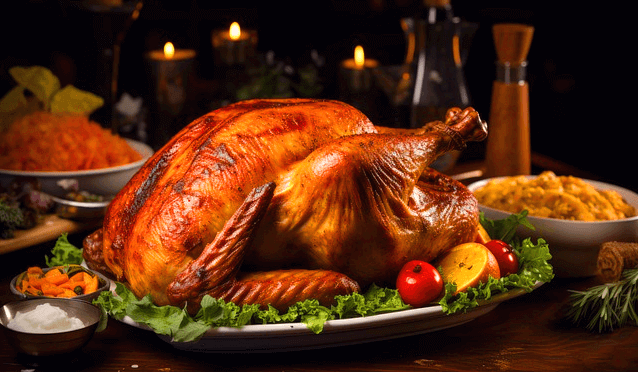 식탁에 커다란 칠면조구이가 있다. 주변엔 볶음밥과 샐러드가 가득하다.
