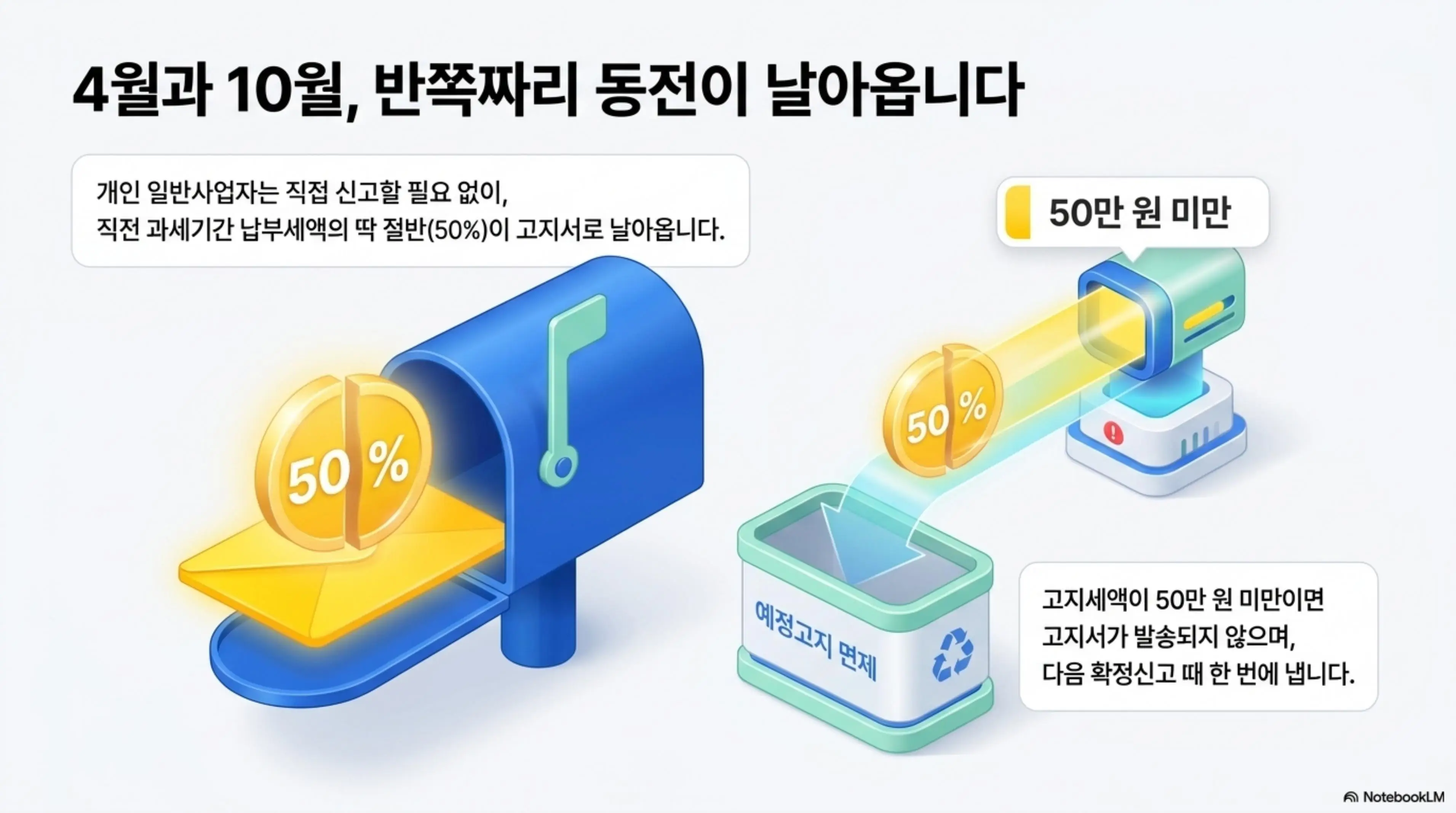 부가가치세 신고기간: 부가세 예정고지 제도를 설명하는 인포그래픽. 개인 일반사업자는 직접 신고 없이 직전 과세기간 납부세액의 50%가 고지서로 발송되며 고지세액이 50만 원 미만이면 예정고지가 면제되어 다음 확정신고 때 한 번에 납부한다는 내용을 우체통과 동전 일러스트로 시각적으로 설명함