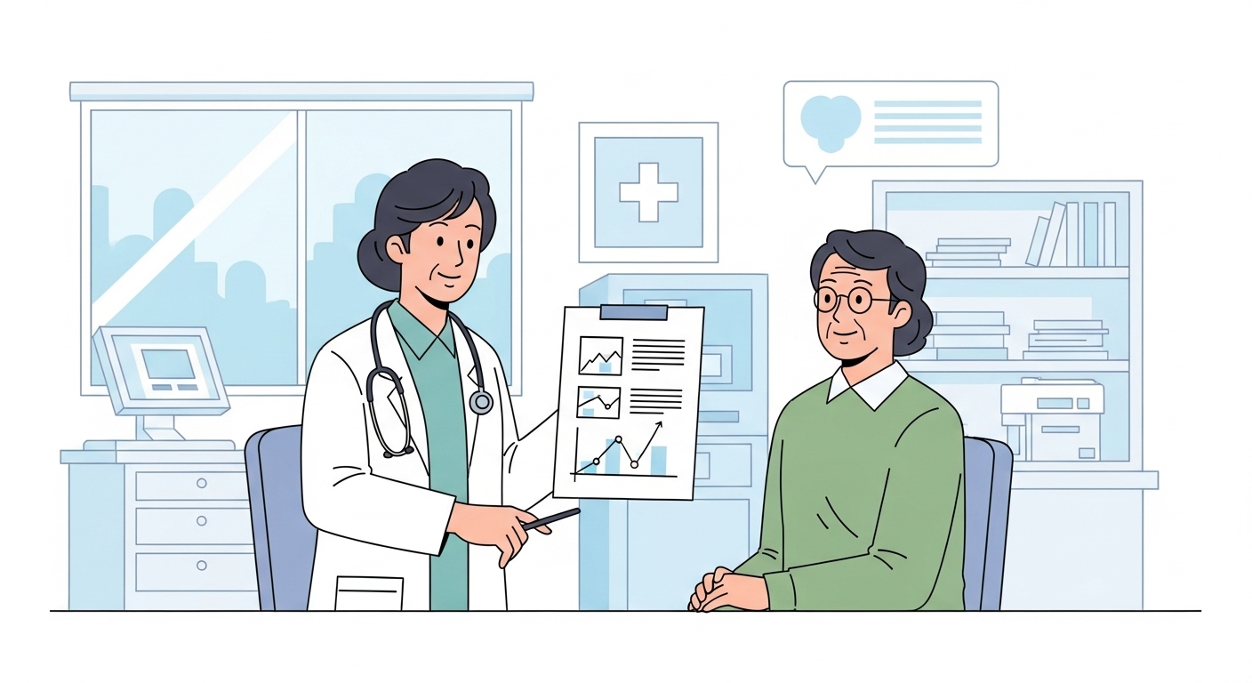 의사에게 재판정 관련 설명을 듣고 있는 환자 일러스트