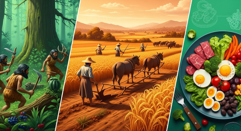 인류 식단 변화의 역사를 보여주는 이미지: 수렵채집 시대, 농업 혁명, 현대 식탁의 모습이 조화롭게 어우러져 있습니다.