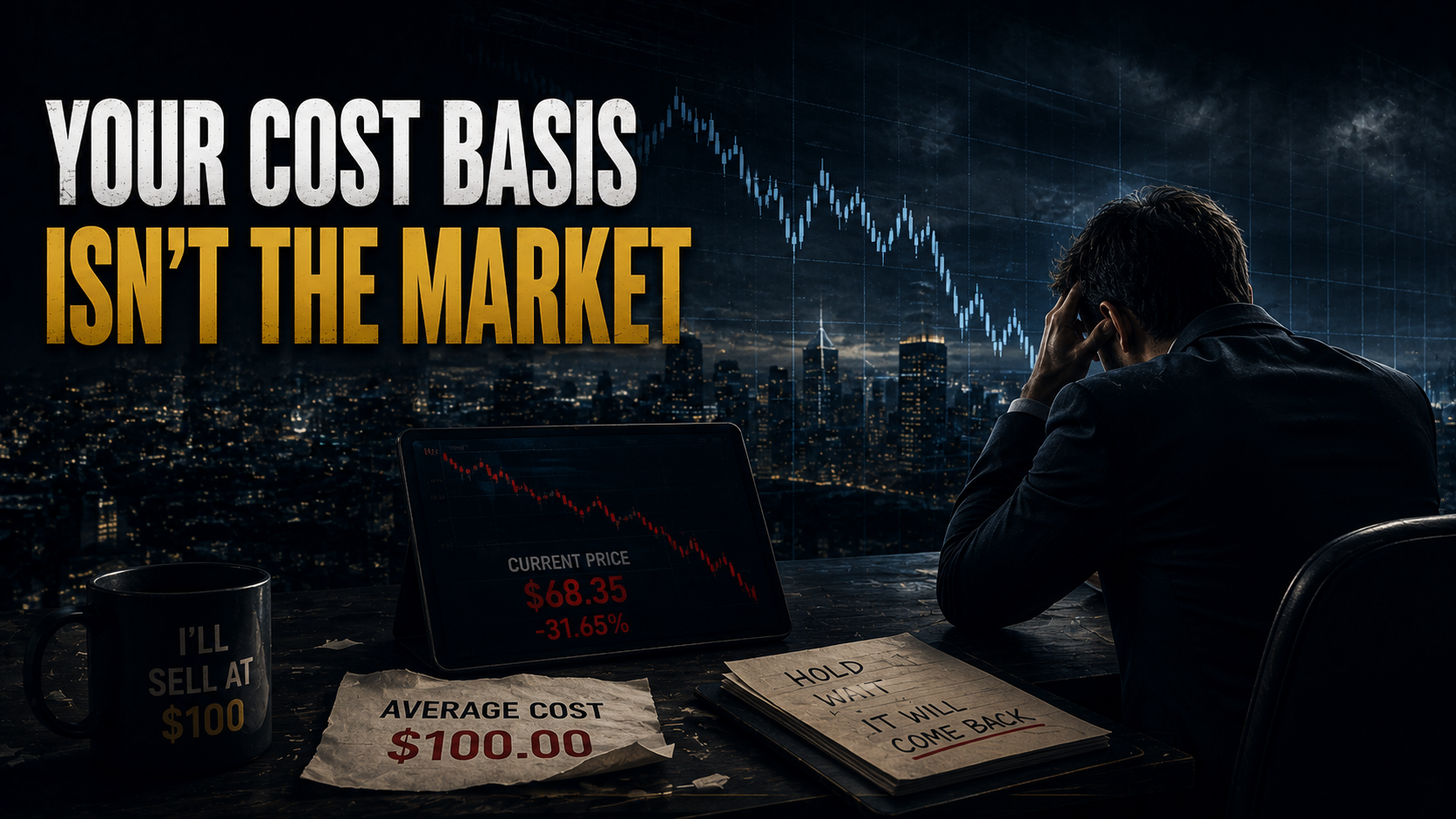 Investor emotionally attached to cost basis while stock prices decline, illustrating anchoring bias and the difference between personal purchase price and market value.