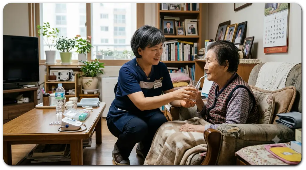 요양보호사_할머니에게_음료주고있다
