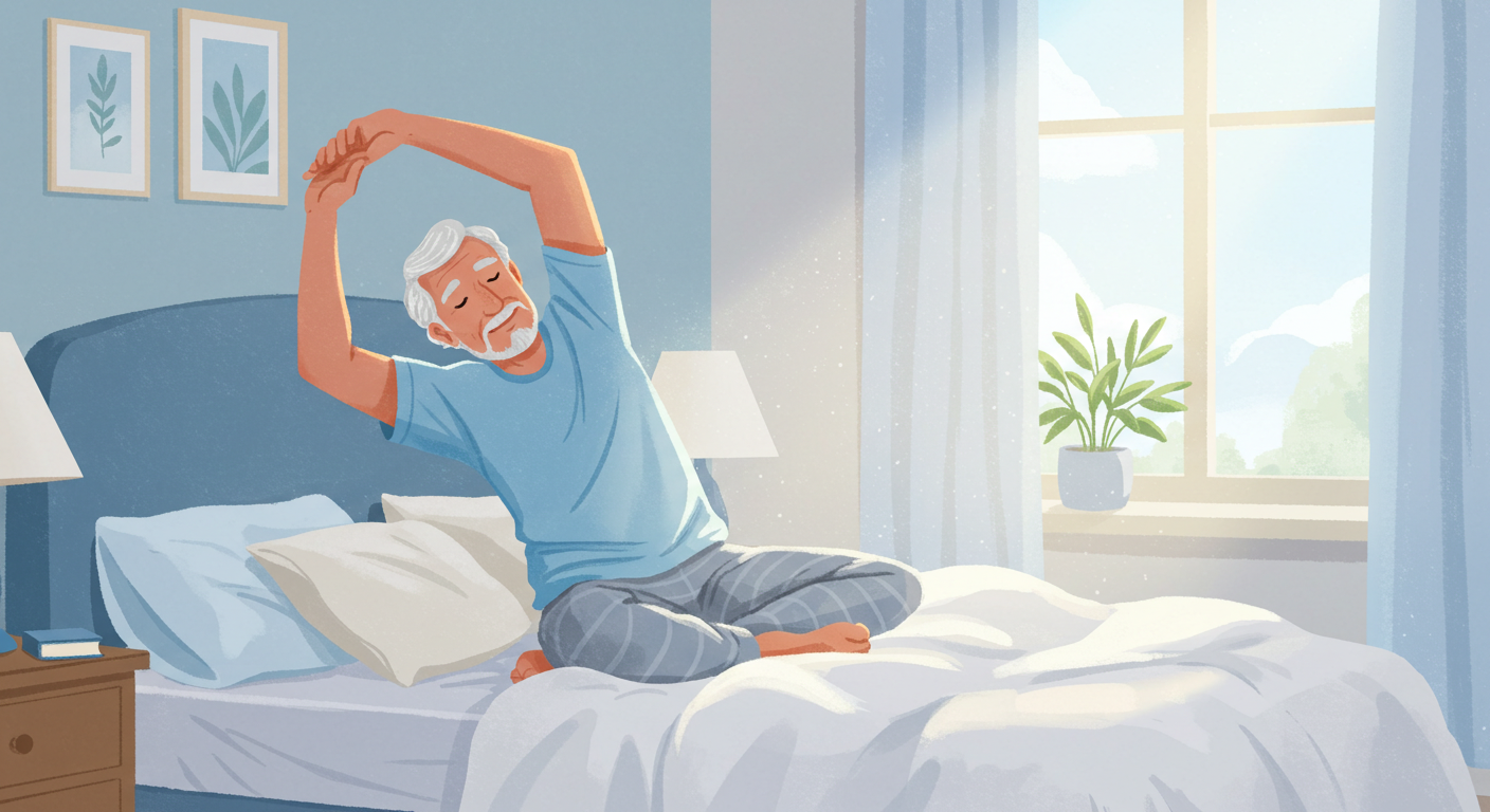 침대 위에서 아침 스트레칭하는 시니어 남성