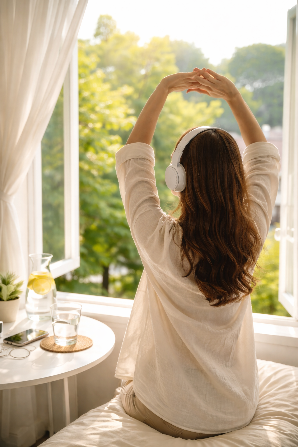 햇빛을 받으며 아침 루틴을 시작하는 모습