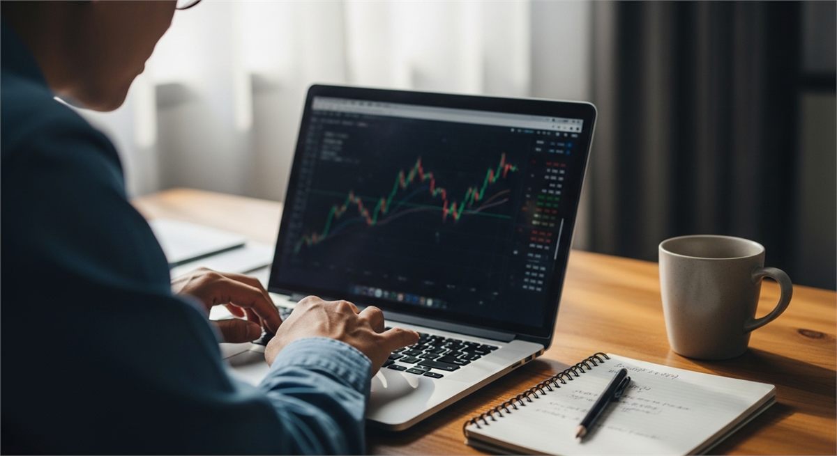 노트북 차트 화면을 보며 최근 주가 흐름을 확인하는 투자자 책상 장면 