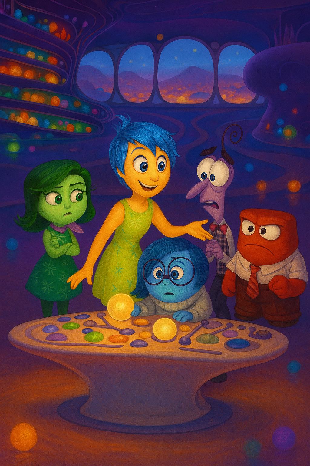 픽사 애니메이션 영화 <인사이드 아웃>을 모티프로 한 디지털 일러스트. 감정 본부의 컨트롤 테이블을 중심으로 기쁨, 슬픔, 분노, 까칠함, 공포의 다섯 감정 캐릭터들이 모여 있으며, 다채로운 색의 기억 구슬과 감정 풍경이 배경에 펼쳐져 있다.