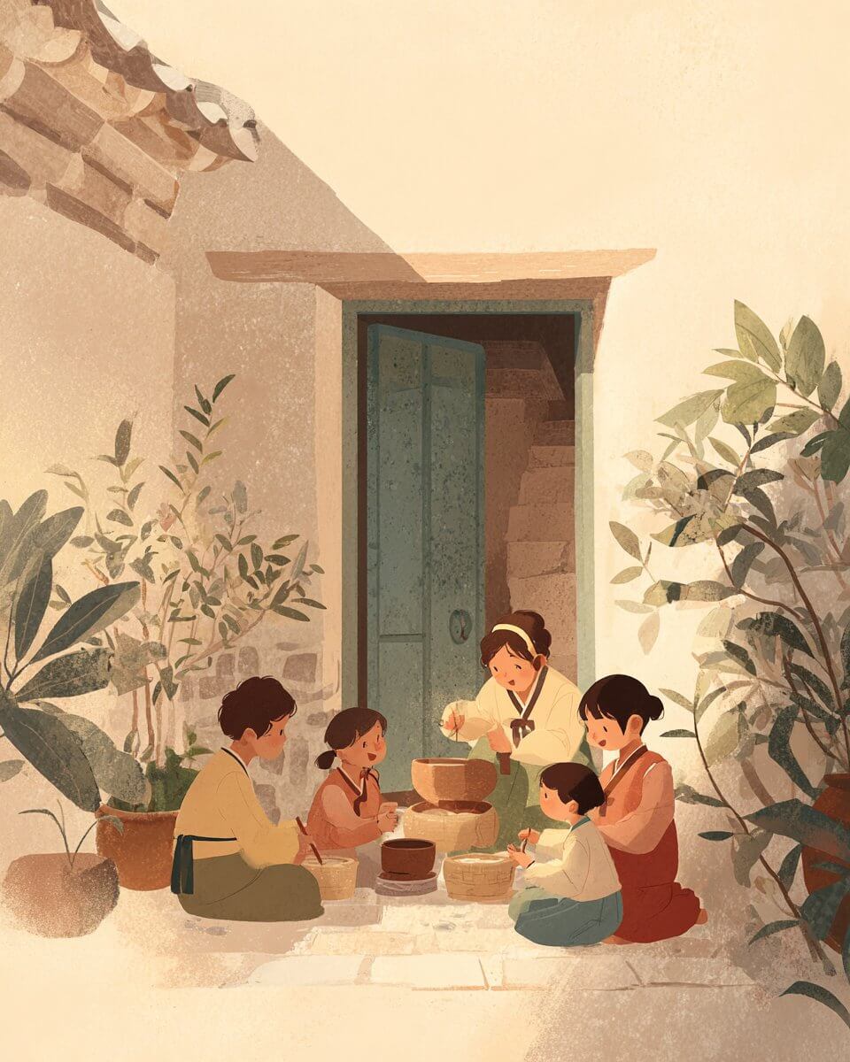 한옥 풍경과 명절을 보내는 사람들 수묵화