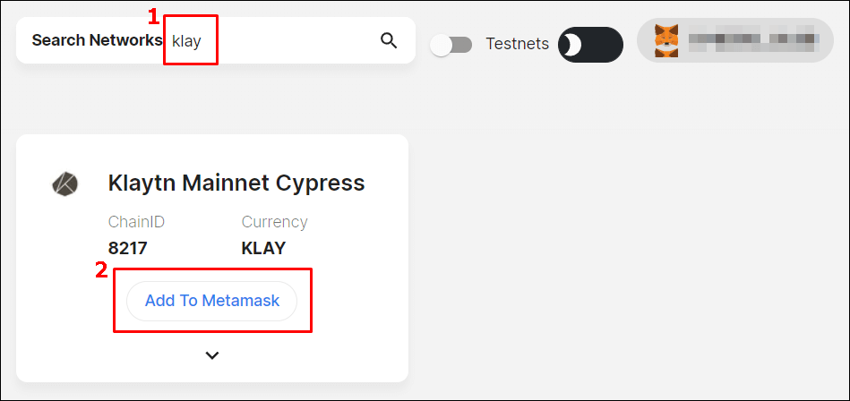 klay를 검색하여 나오는 Add to Metamask 버튼을 강조