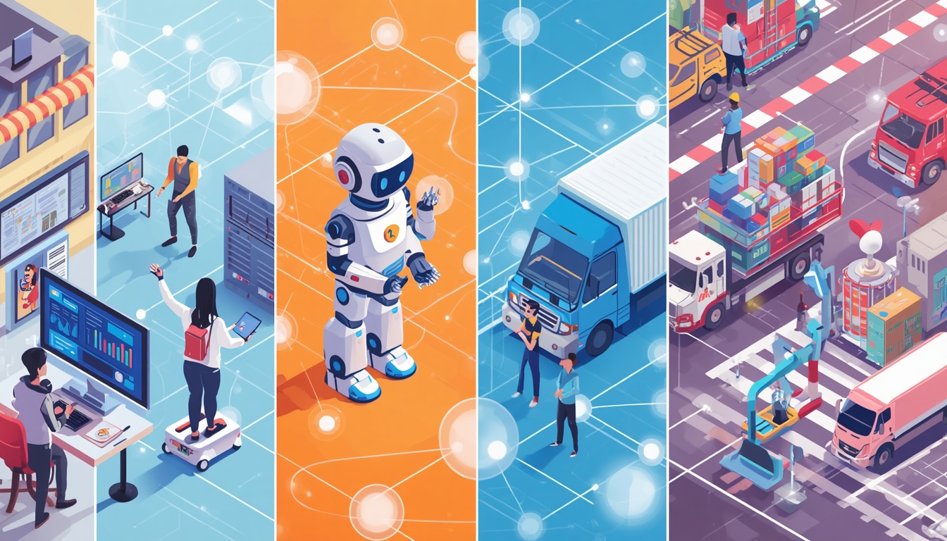 Illustration showing AI agents working across various industries like healthcare, finance, and logistics.