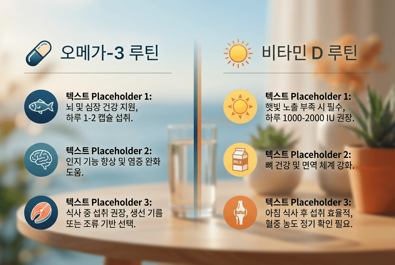 오메가3(EPA·DHA)와 비타민D를 일상 루틴 관점에서 정리한 비교 이미지. 혈행·눈건조·뼈 건강 관련 루틴 정보를 참고용으로 안내한다(개인차 있음).