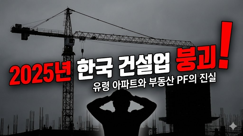 어둡고 황량한 공사장 배경과 멈춰 선 타워크레인, 충격받은 사람의 실루엣으로 위기감을 극대화했습니다. "2025년 한국 건설업 붕괴?"라는 강력한 타이포그래피로 독자의 호기심을 자극하고 클릭을 유도합니다.
