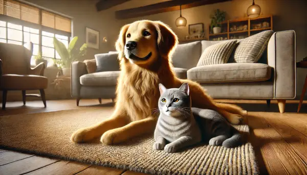 "강아지와 고양이가 한 집에서 사이좋게 지내는 모습. 따뜻한 햇살이 비치는 거실에서 골든 리트리버 강아지가 러그 위에 편안히 누워 있고, 회색 태비 고양이가 그 옆에서 몸을 말고 쉬고 있다. 아늑한 분위기의 거실에는 실내 식물과 소파, 커피 테이블이 배치되어 있다.