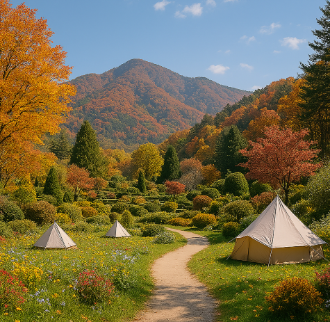단풍으로 물든 산과 정원이 어우러져 환상적인 풍경