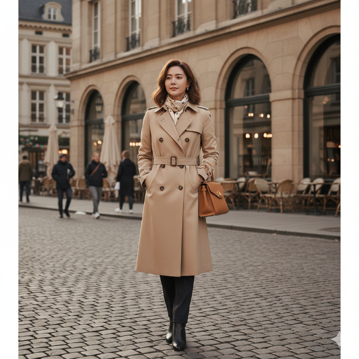 클래식한 베이지색 트렌치코트를 입고 있는 40대 여성의 전신 사진