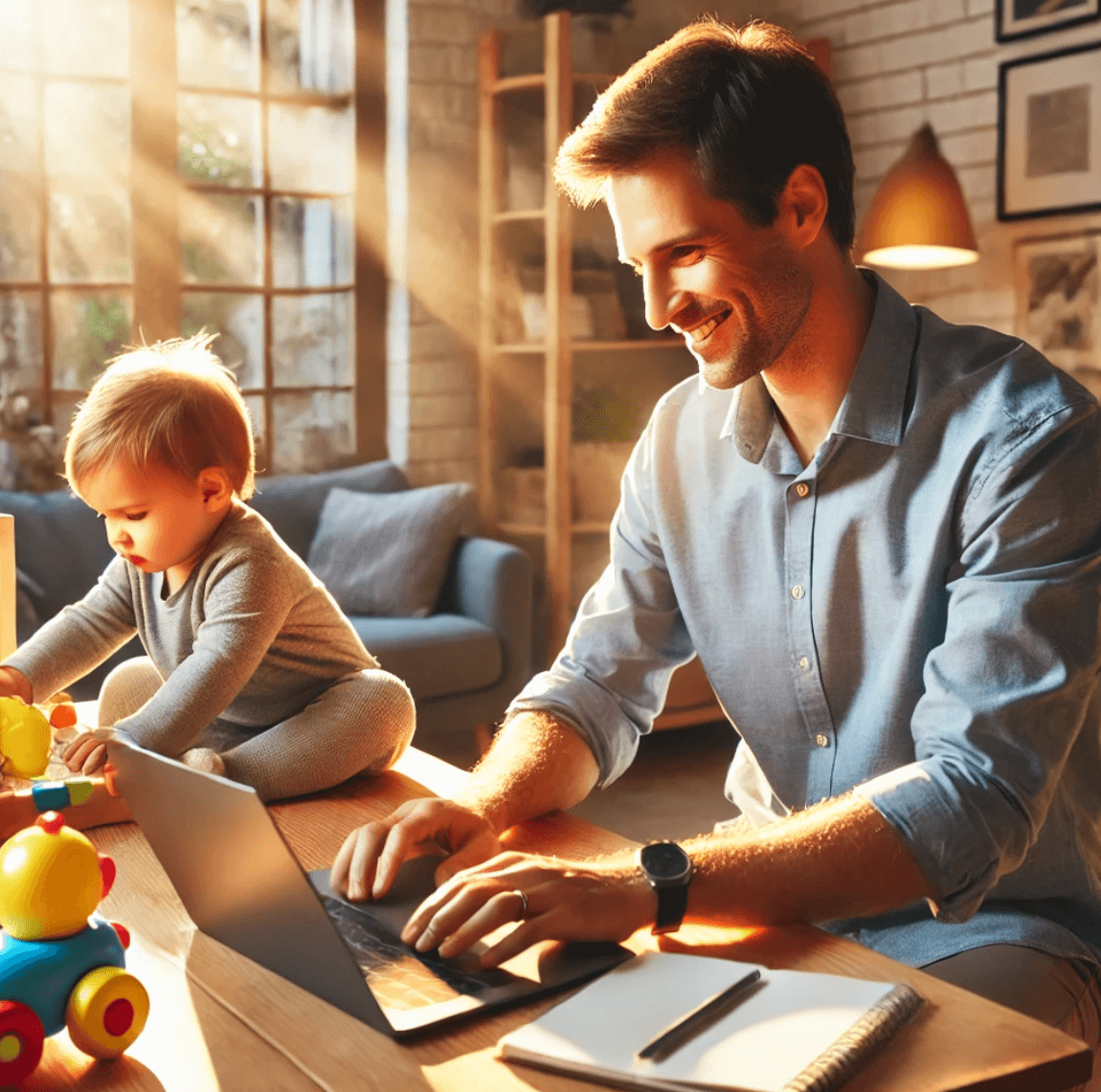 아이와 함께 일하는 아빠 사진