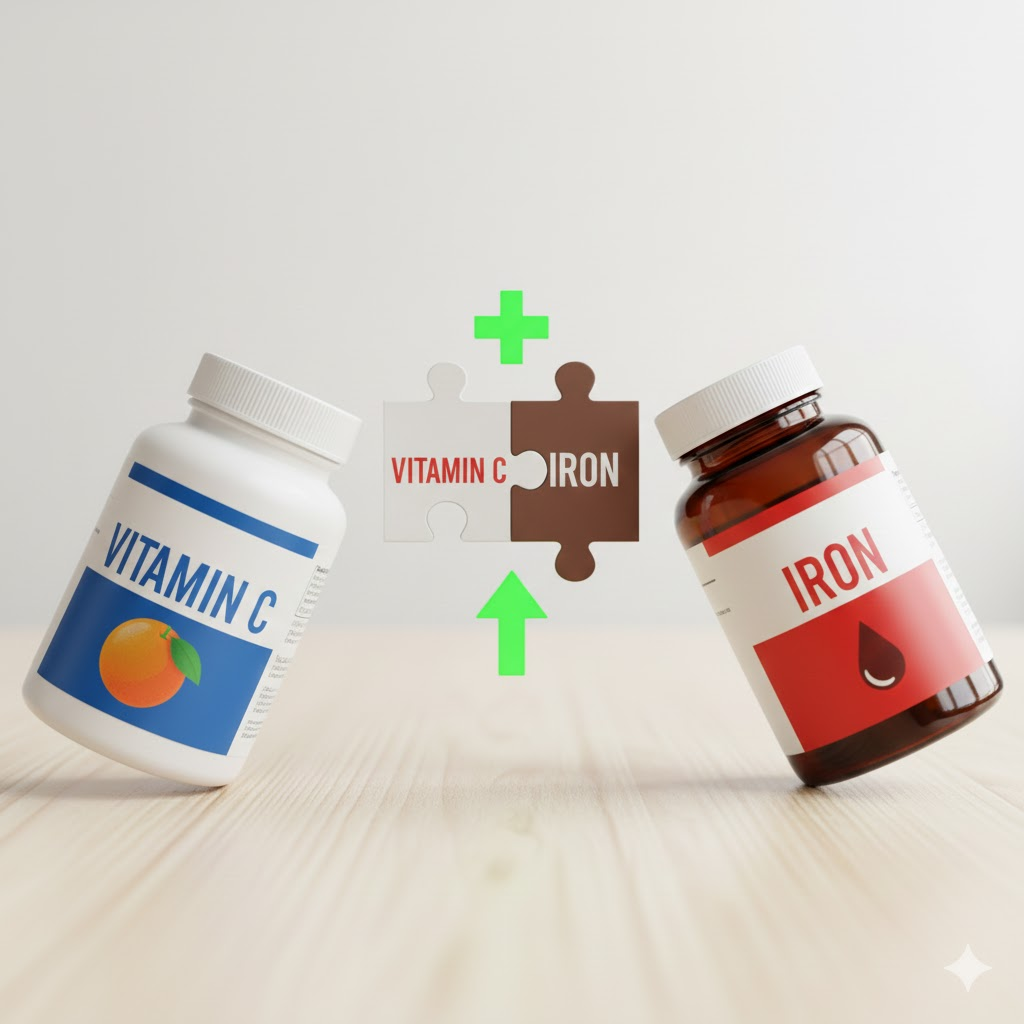 퍼즐 조각이 딱 맞는 이미지와 함께 배치된 비타민 C와 철분 영양제