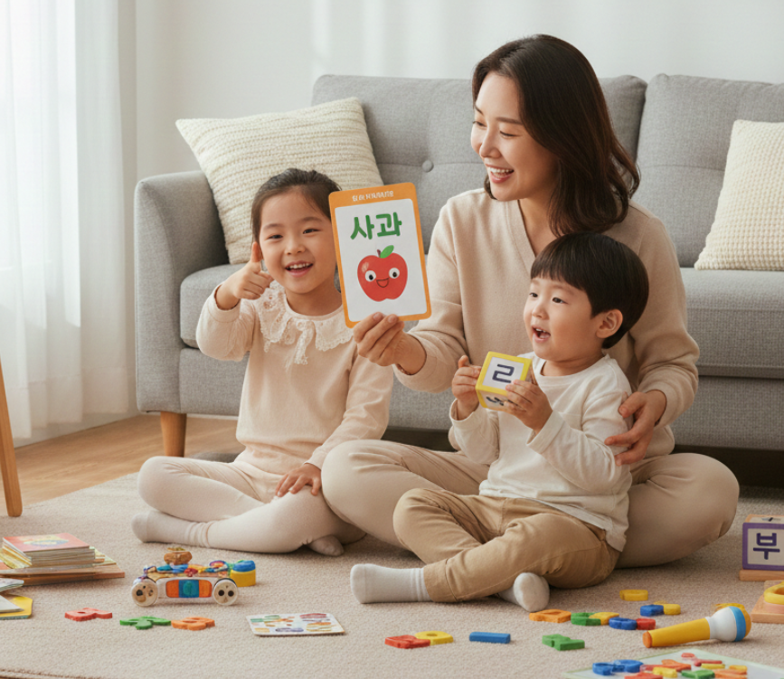 엄마와 아이들이 낱말카드 놀이를 하며 다양한 어휘를 접하는 모습