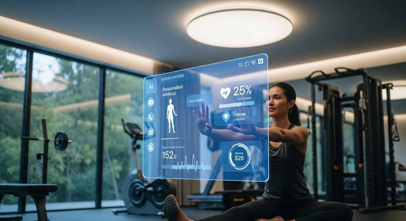 AI 건강 & 웰니스 코치 앱이 개인 맞춤형 운동 루틴과 실시간 건강 데이터를 보여주는 모습. 사용자가 투명한 스크린을 보며 운동하는 미래적인 장면.