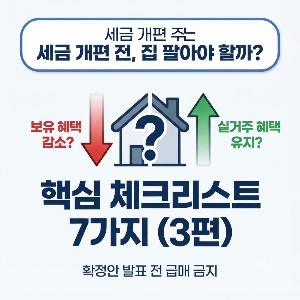 상단에 '세금 개편 전, 집 팔아야 할까?' 문구가 적힌 파란색 테두리 박스가 있고, 그 아래 중앙에는 물음표가 있는 집 아이콘이 위치한다. 왼쪽에는 '보유 혜택 감소?' 문구와 빨간색 아래 화살표가, 오른쪽에는 '실거주 혜택 유지?' 문구와 초록색 위 화살표가 배치되어 있다. 하단에는 '핵심 체크리스트 7가지 (3편)'라는 큰 제목과 '확정안 발표 전 급매 금지'라는 부제가 적힌 포스팅 썸네일 이미지
