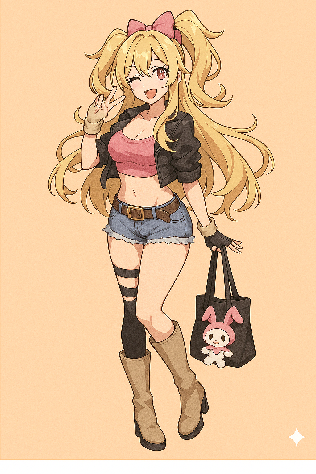 AI로 생성된 귀여운 나노바나나 스타일 캐릭터 일러스트, 금발 트윈테일과 분홍 리본, 캐릭터 굿즈 가방을 든 패션 스타일로 디지털 피규어 제작에 최적화된 원본 이미지
