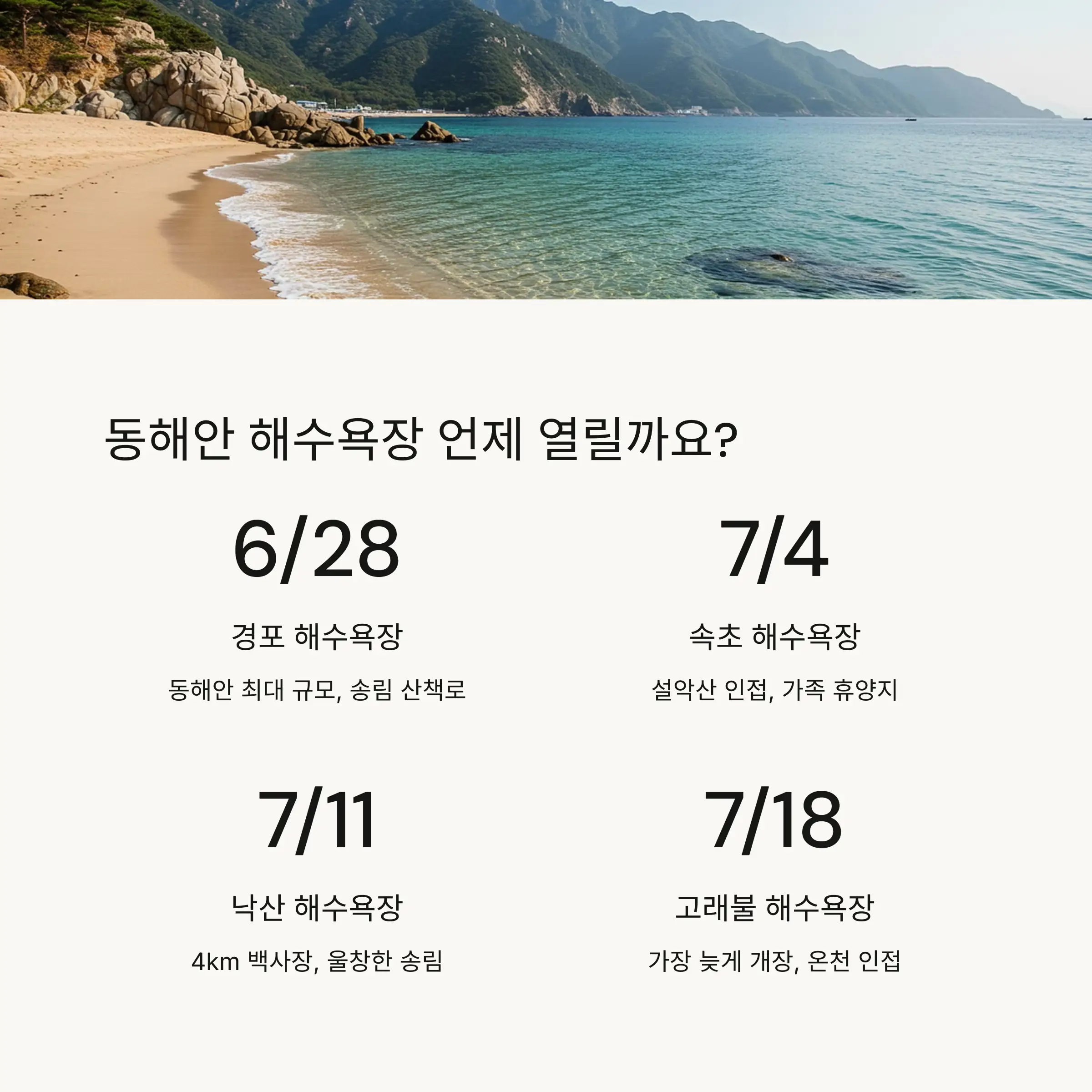 🌊 동해안 주요 해수욕장 개장일