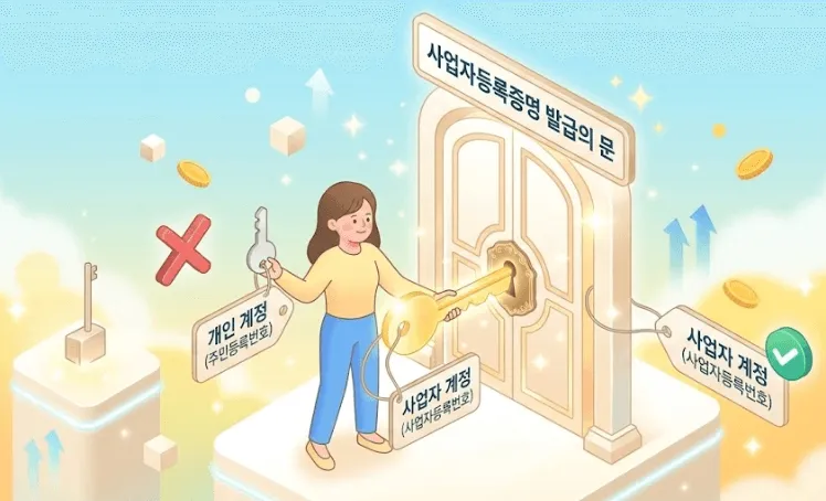 홈택스 사업자등록증명 발급 시 개인 계정과 사업자 계정 로그인의 차이를 직관적으로 설명하는 3D 일러스트. 사용자가 주민등록번호 계정(X 표시) 대신 사업자등록번호 계정 열쇠(체크 표시)를 선택해 '사업자등록증명 발급의 문'을 여는 긍정적인 모습을 시각화함. 계정 전환 오류를 방지하고 정확한 발급 수단 선택의 중요성을 강조