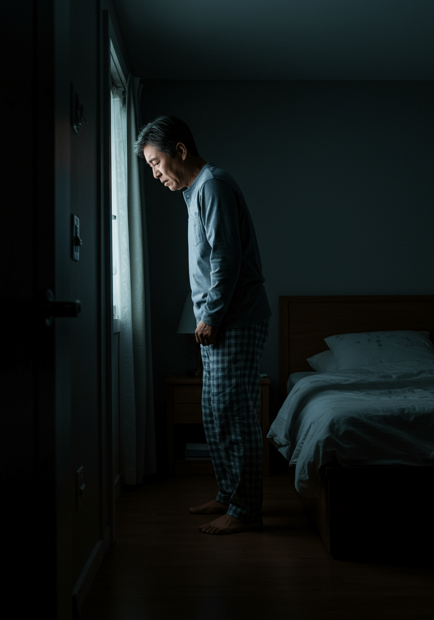 밤에 잠에서 깬 50대 한국인 남성이 피곤한 표정으로 침실에서 화장실을 가려는 모습