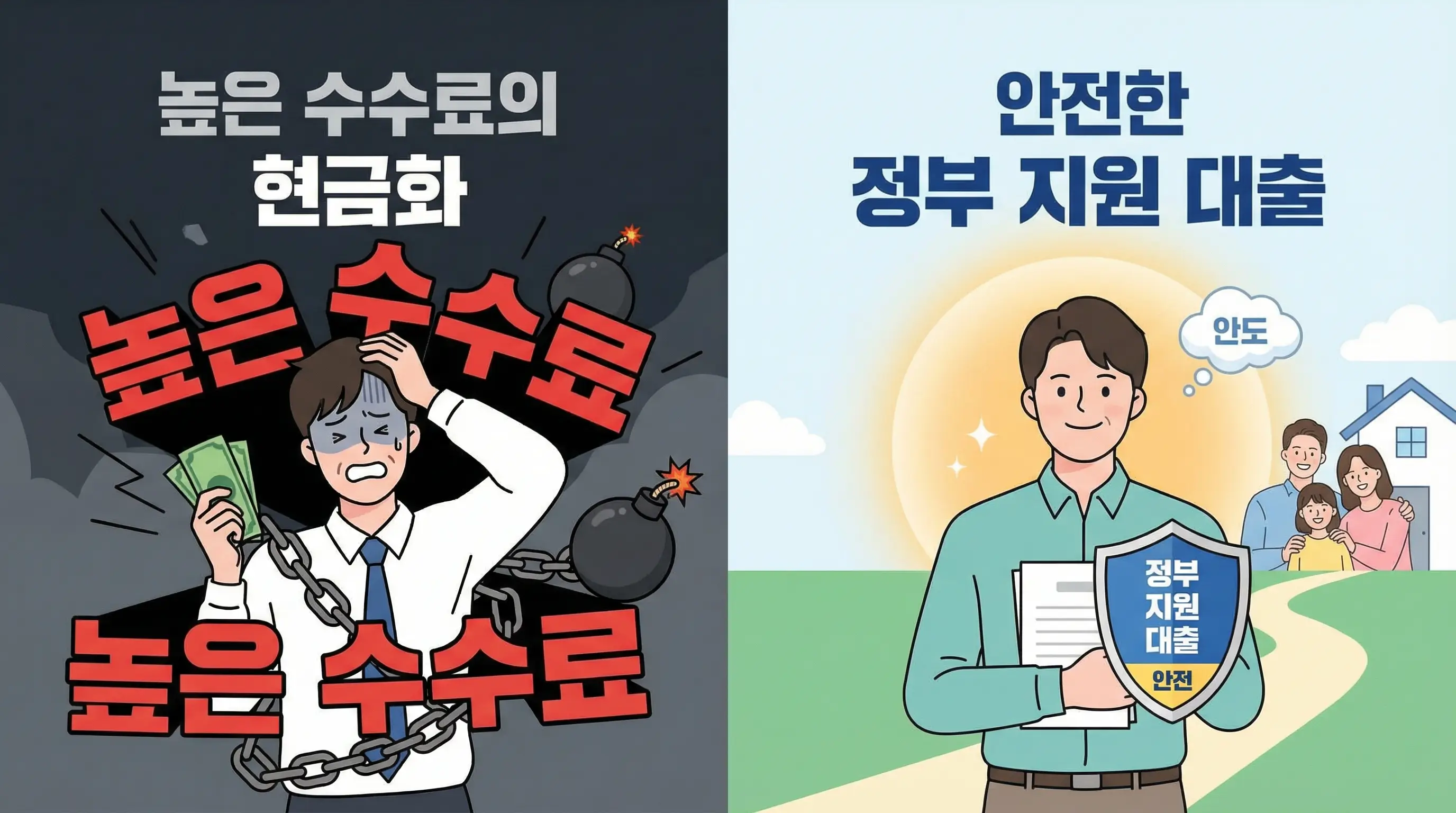 높은 수수료의 현금화 대신 안전한 정부 지원 대출을 선택하고 안도하는 인포그래픽