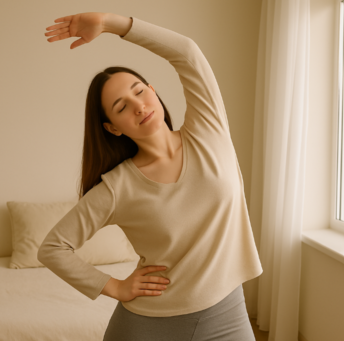 혈행 장애 해결을 위해 스트레칭을 하는 모습