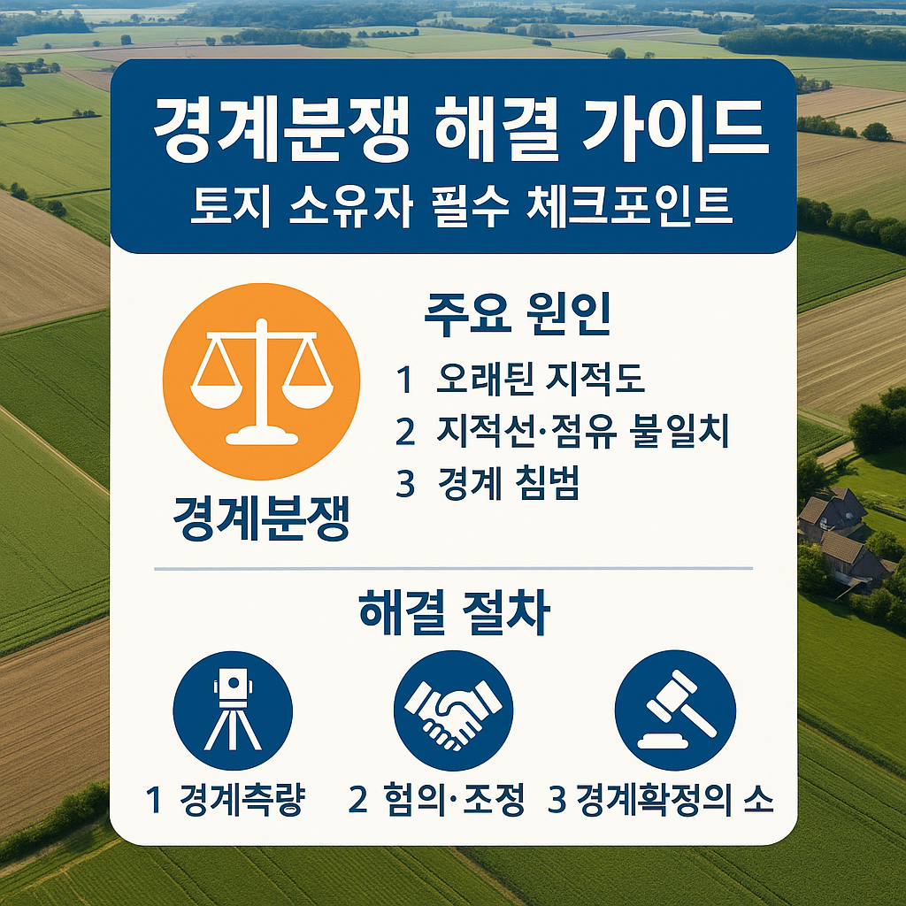 토지 경계분쟁 핵심 원인과 해결 절차를 정리한 인포그래픽 이미지
