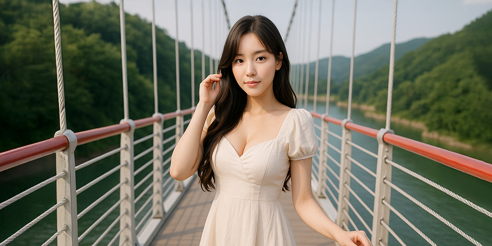 다리 위에서 포즈를 취하는 사람