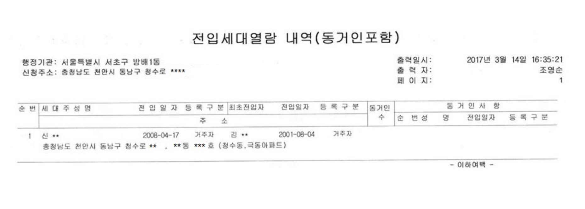 전입세대확인서에 표시되는 세대주와 동거인 성명 및 전입일자