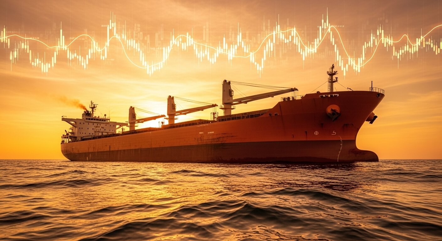 화물선과 주식의그래프가 오버랩되어있다