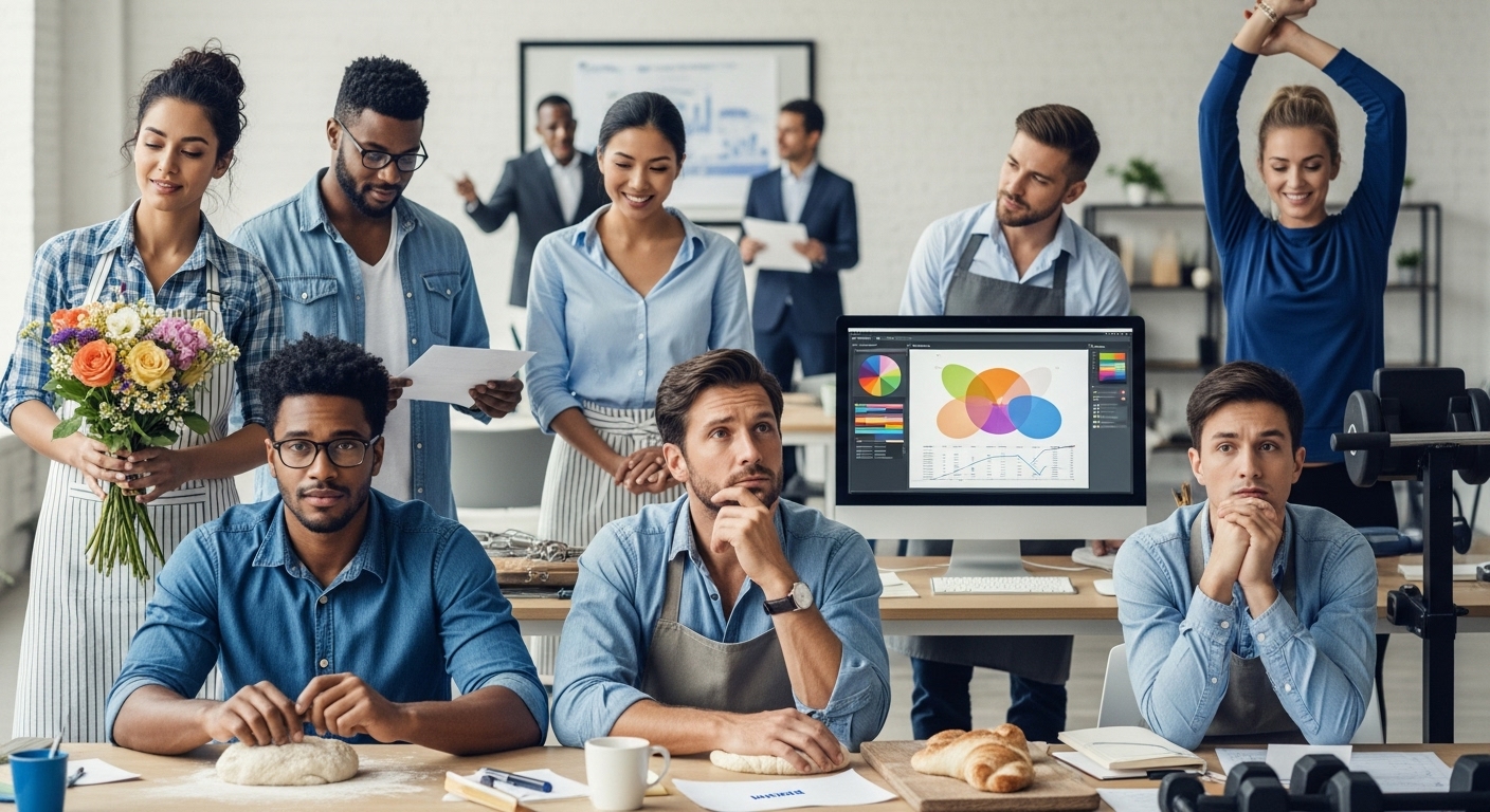 다양한 업종의 소상공인들이 사업 성장을 위해 고민하고 배우는 모습.