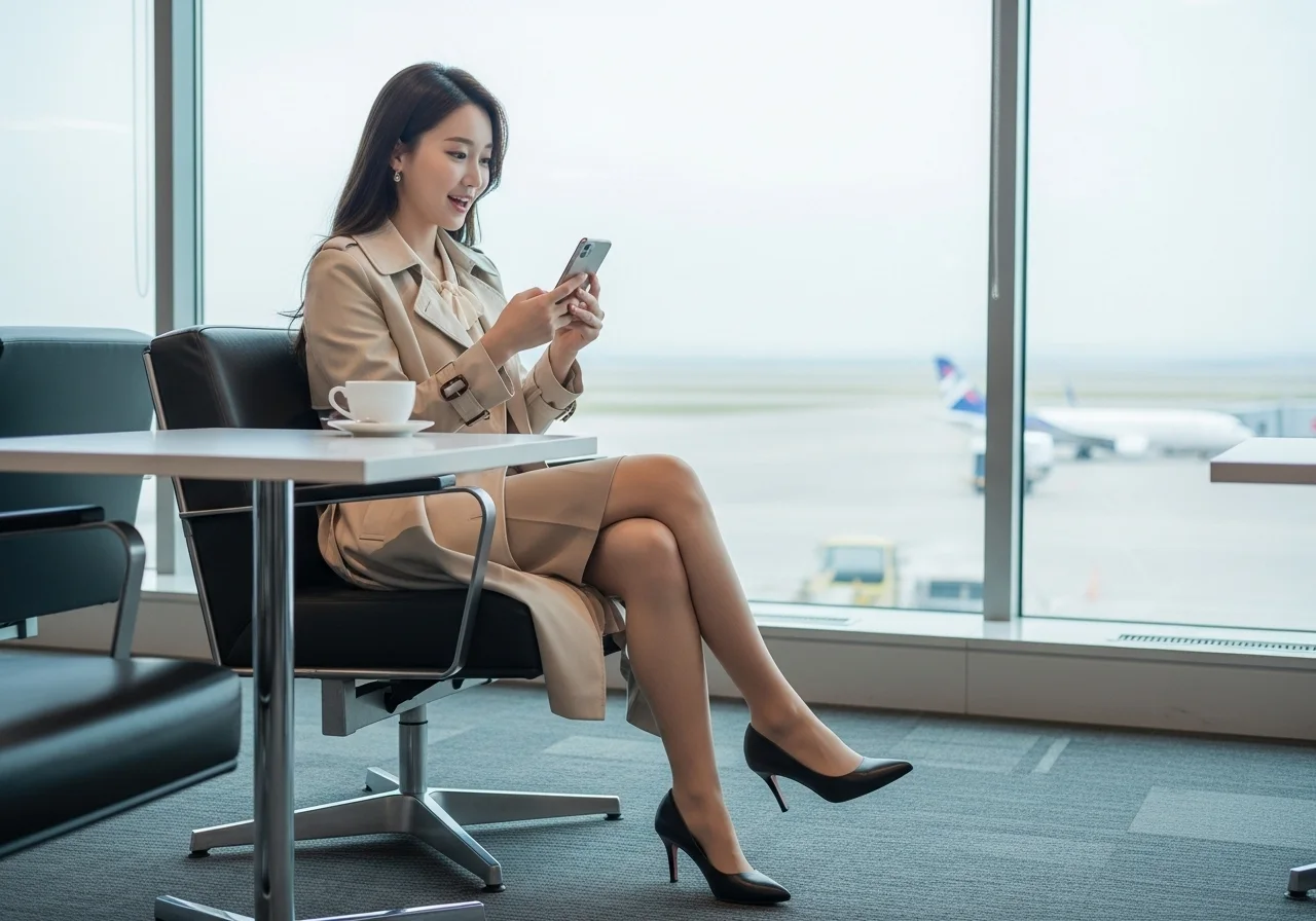 한 전문직 여성이 공항 라운지에서 스마트폰으로 출국세 환급 정보를 발견하고 놀라고 있다