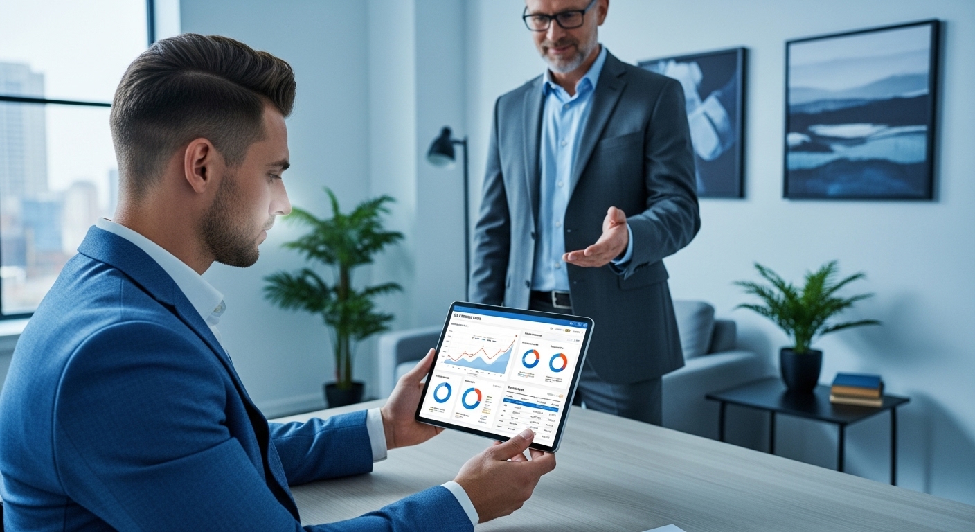 재무 데이터를 분석하는 사업자와 뒤에서 조언하는 세무 전문가의 모습, 효율적인 사업 세금 관리를 상징