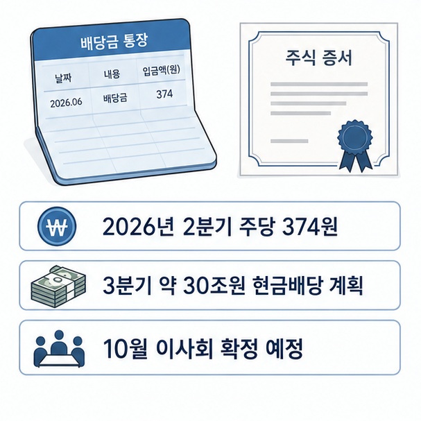 2026년 2분기 주당 374원 배당과 3분기 약 30조 원 현금배당 계획을 보여주는 그림