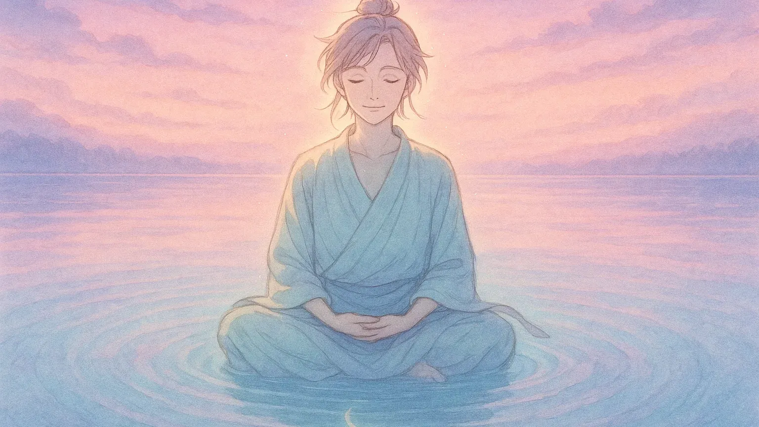 평온한 표정으로 명상하는 사람이 물결 위에 떠있는 듯한 이미지 - 내면의 평정심을 시각적으로 표현