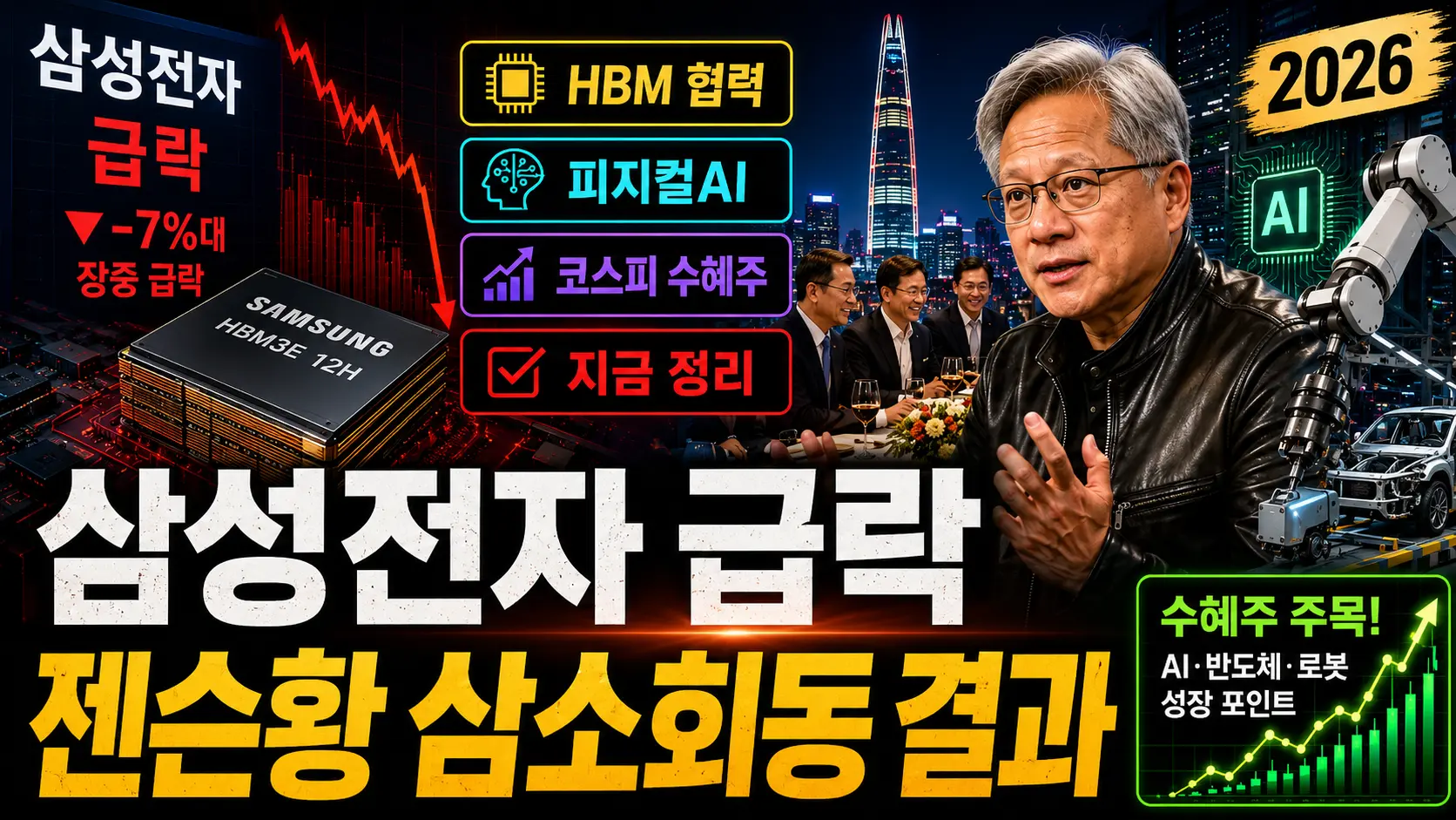 삼성전자 급락 + 젠슨황 삼소회동 결과 — HBM 계약·피지컬AI·코스피 수혜주 지금 정리 2026