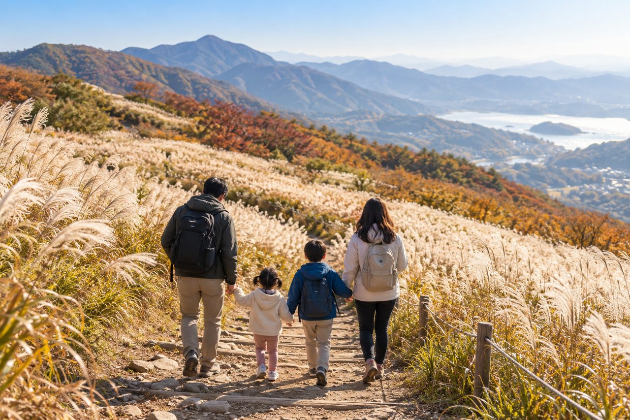 가족이 억새 산책길을 걷는 모습을 표현한 설명용 생성 이미지