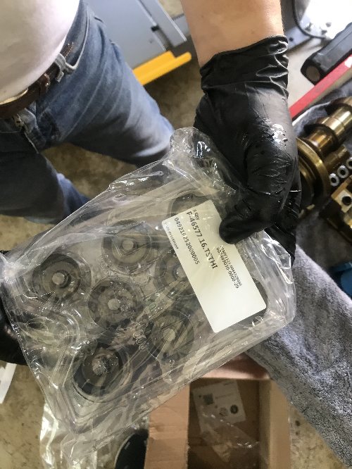 INA 사의 신품 유압태핏(HLA) 24개가 포장된 상태로 정비사가 들고 있는 장면