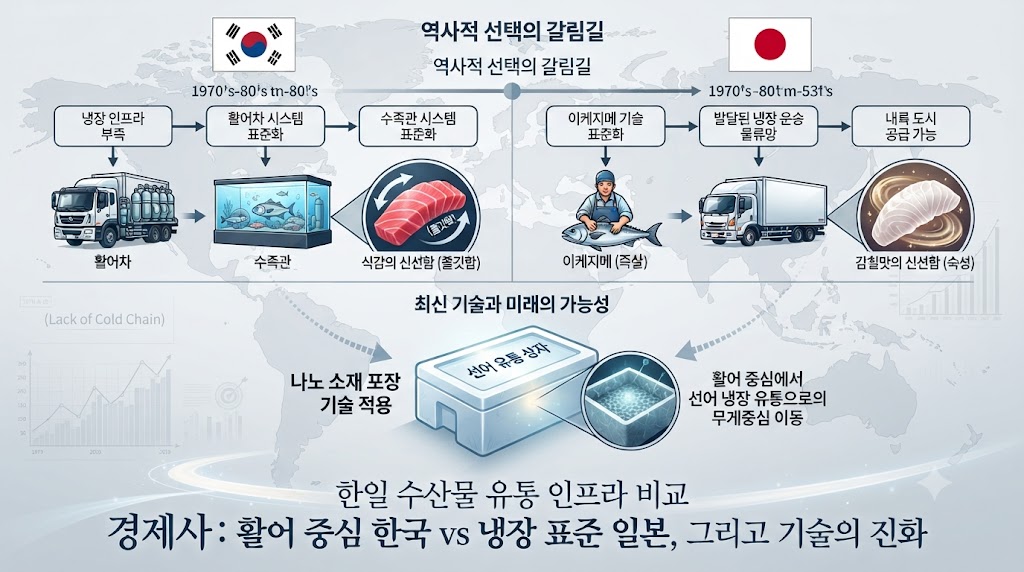 한국과 일본의 수산물 유통 경로를 비교 분석한 지정학적·기술적 인포그래픽입니다. 이미지 상단에는 두 나라의 국기가 걸려 있고, 그 아래로 역사적 선택의 갈림길이 시각화되어 있습니다.