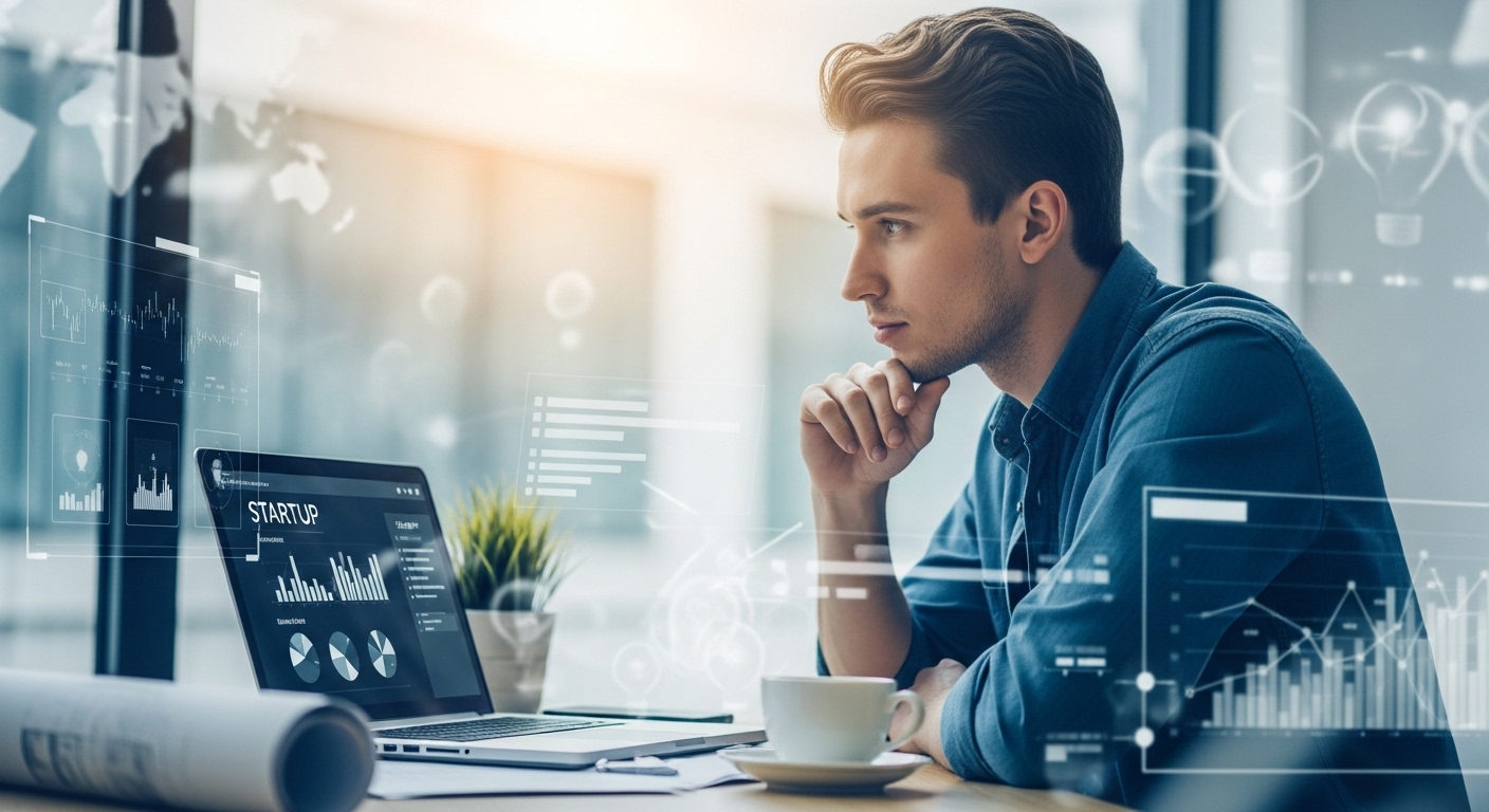 모던한 코워킹 스페이스에서 노트북을 보며 창업 아이디어를 구상하는 젊은 기업가의 모습, 청년창업지원금 신청 준비.