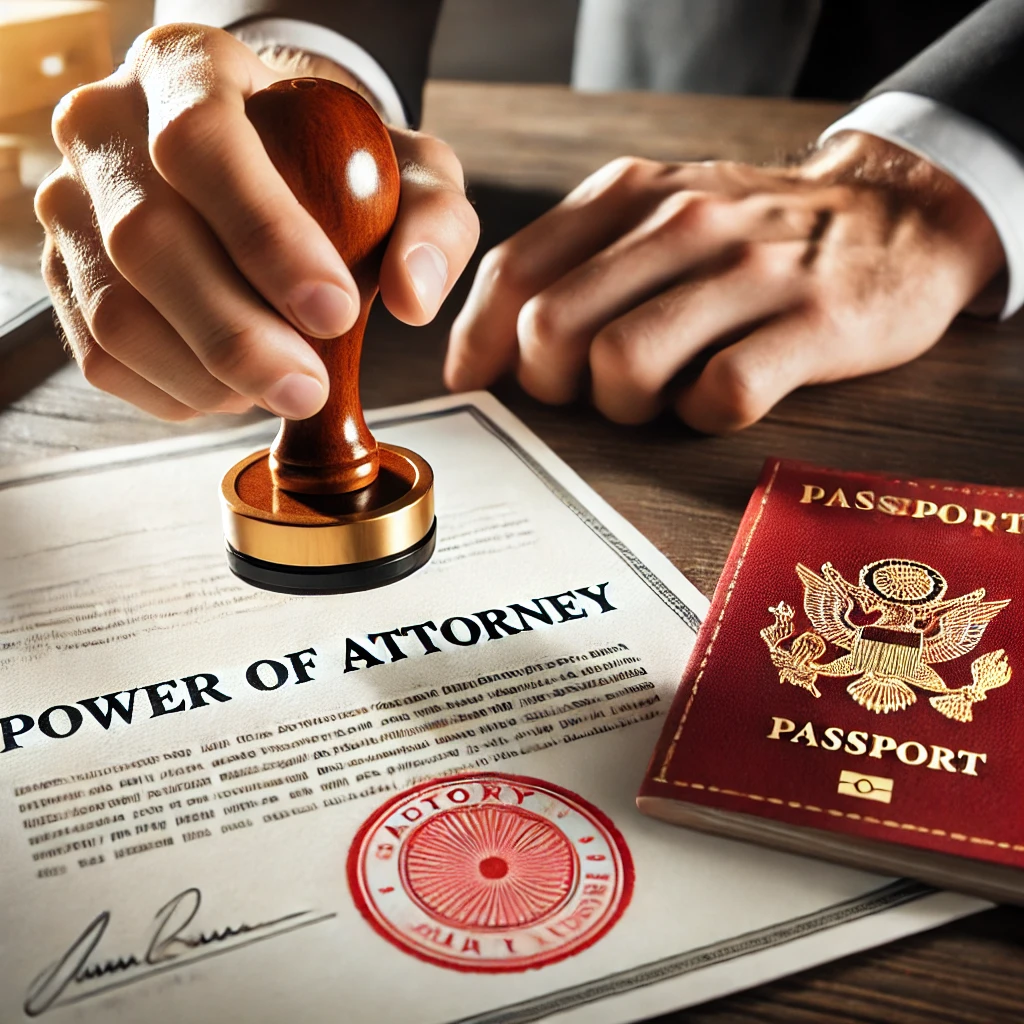 위임장(Power of Attorney)에 도장을 찍는 모습