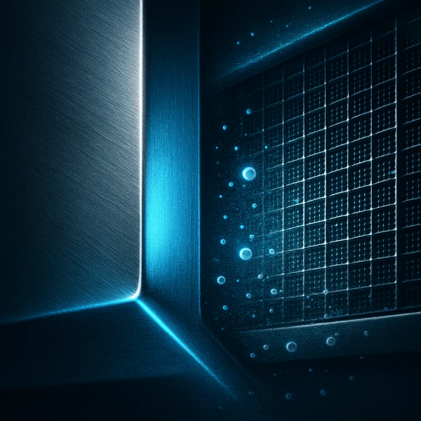 금속 질감이 반짝이는 공기정화 필터 클로즈업, 푸른 빛과 먼지 제거 효과로 위생성을 강조한 하이테크 일러스트