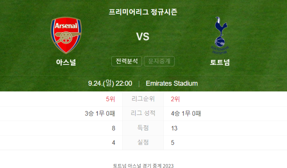 토트넘 아스널 경기 중계 2023