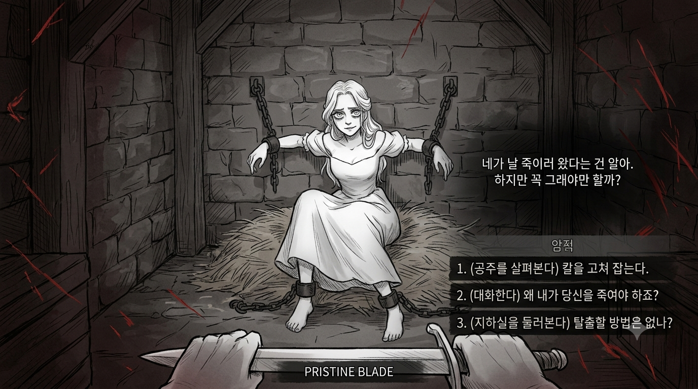 슬레이 더 프린세스 오두막 지하에서 공주와 대화하는 화면