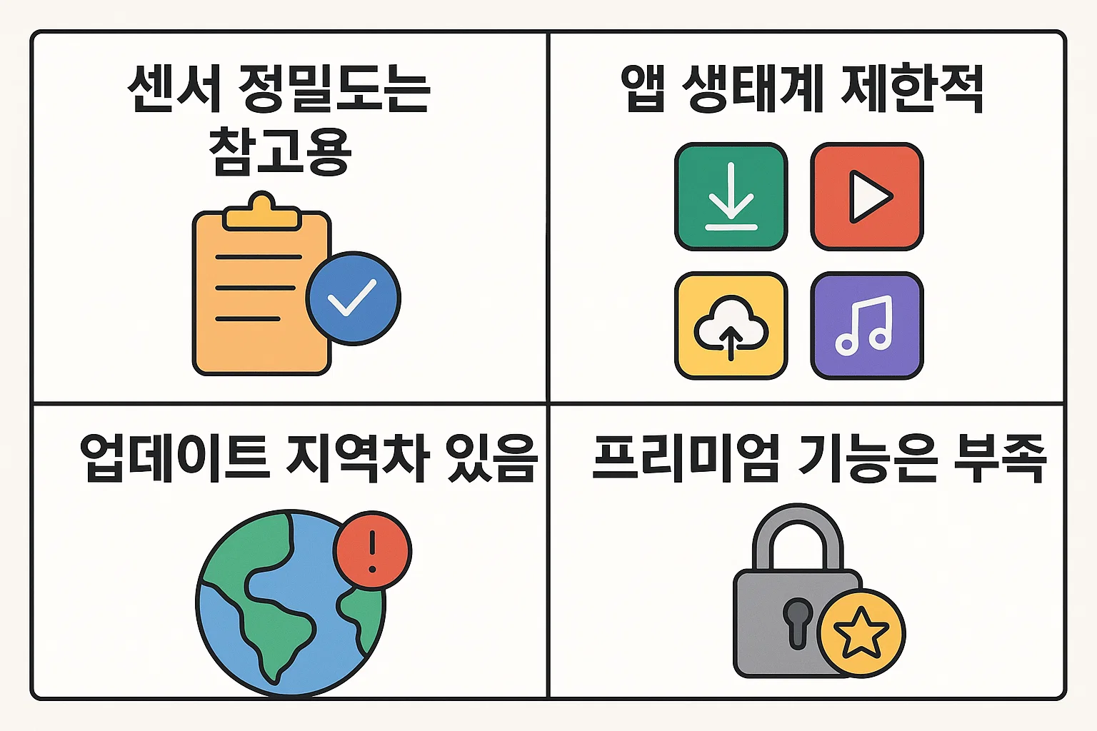 센서 정밀도 참고용, 앱 생태계 제한, 지역별 업데이트 차이, 프리미엄 기능 부족 등 사용 시 알아둘 단점을 정리한 인포그래픽