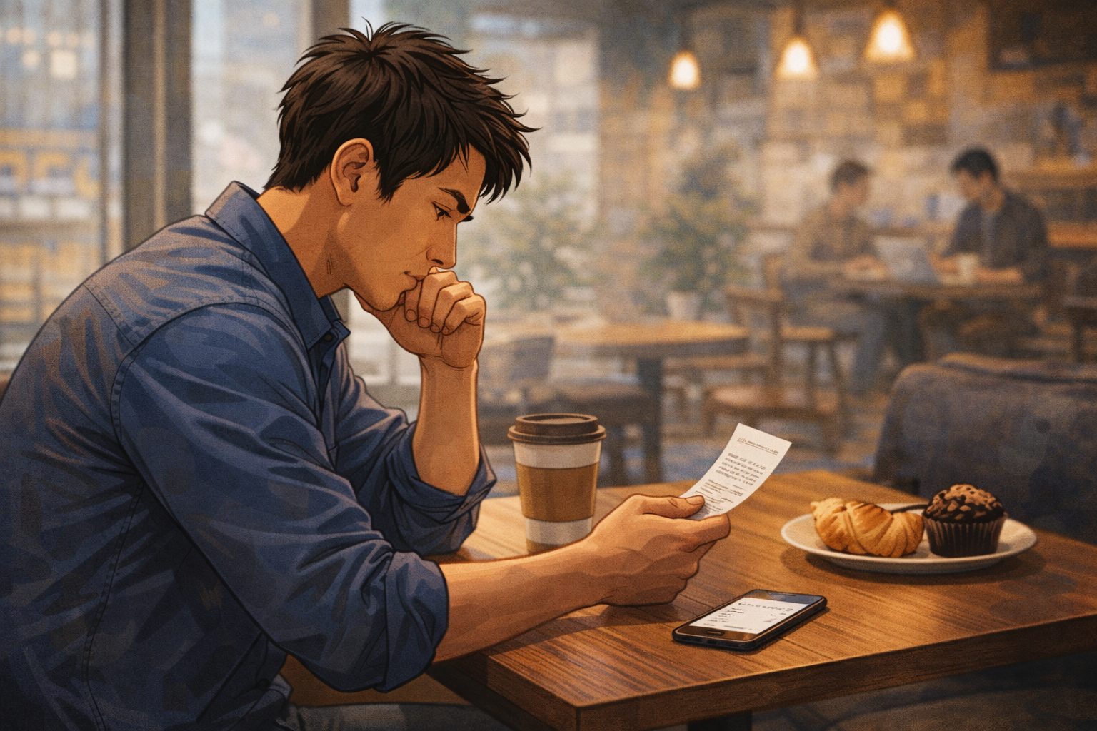 카페에서 작은 결제 반복을 의식하는 남자의 모습