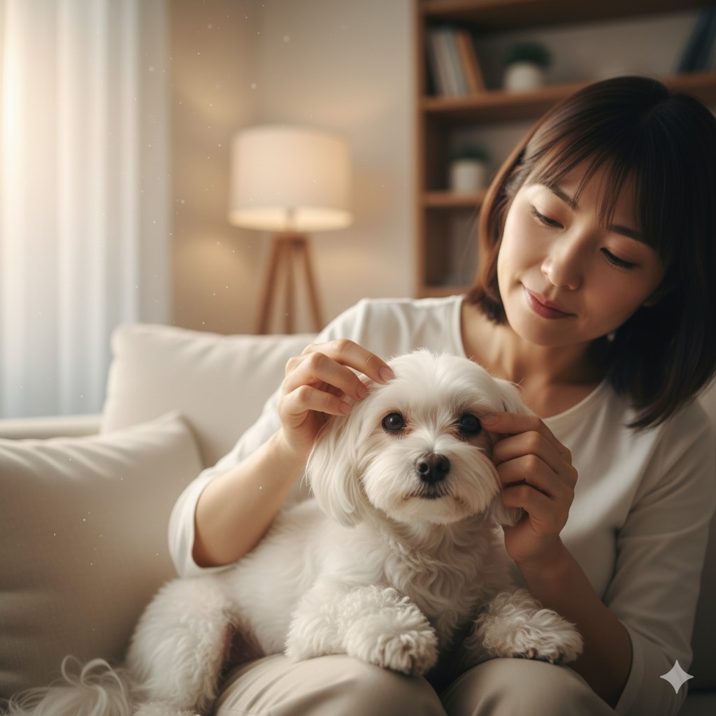 보호자가 반려견의 눈꺼풀을 조심스럽게 들어 올리며 눈 건강 상태를 관찰하는 모습